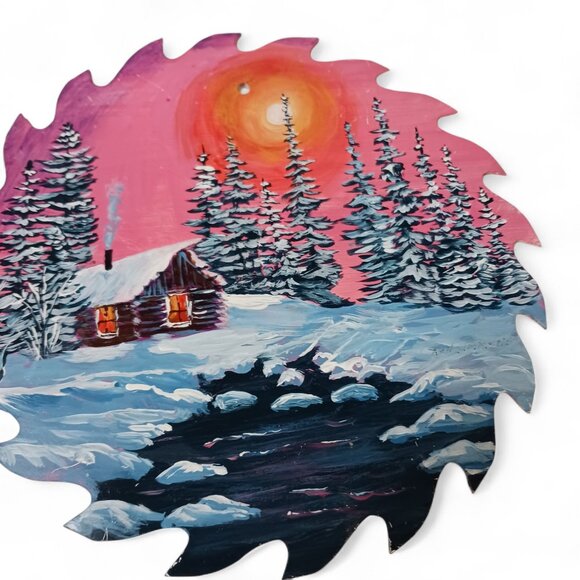 Hand-Painted Rustic Cabin Saw Blade by Ann Simmons – Winter Landscape Art - Picture 3 of 11